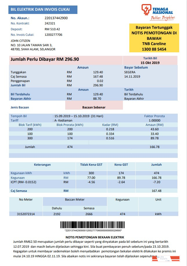 Malaysia Tenaga Nasional electricity utility bill template in Word and PDF format